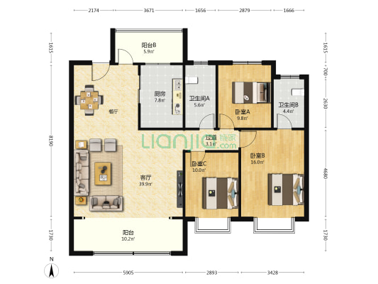 金鼎尚城A区 3室1厅2卫 149平方
