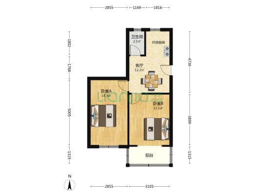 红旗北路121号 2室1厅1卫 54平方
