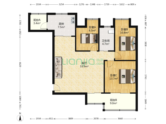 桥西苑 3室1厅1卫 109平方
