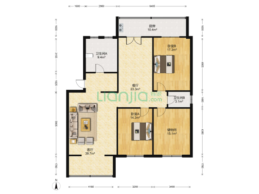 华夏小区 2室2厅2卫 157平方