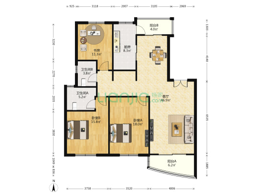 成亿家园 3室1厅2卫 143平方