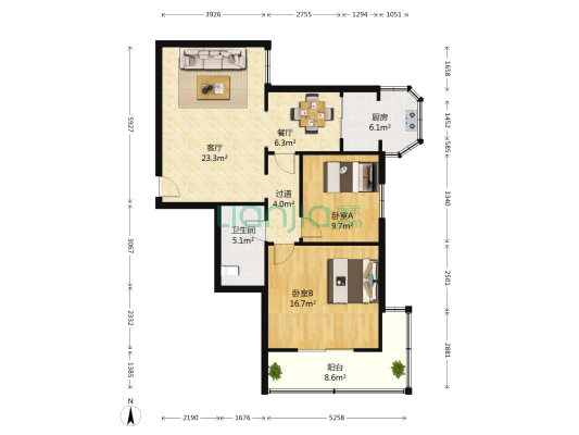 鲁能经纬大厦 2室2厅1卫 110平方