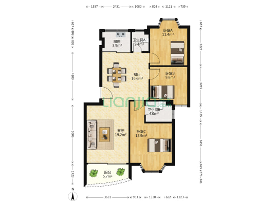 祥运通小区 3室2厅2卫 110平方
