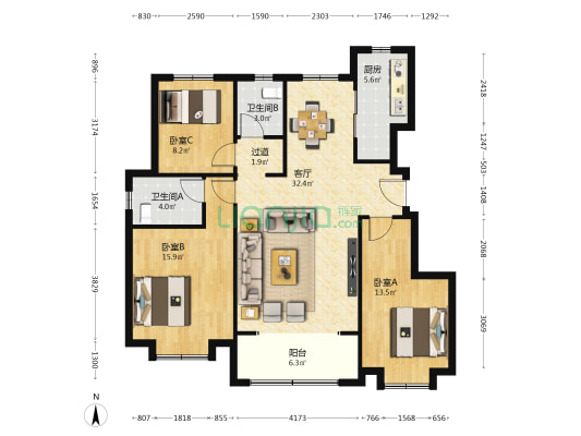 天铂润园 3室1厅2卫 119平方