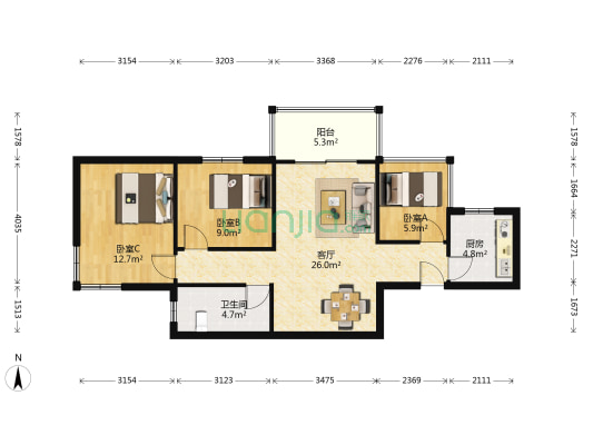 万里时代广场 3室1厅1卫 87平方