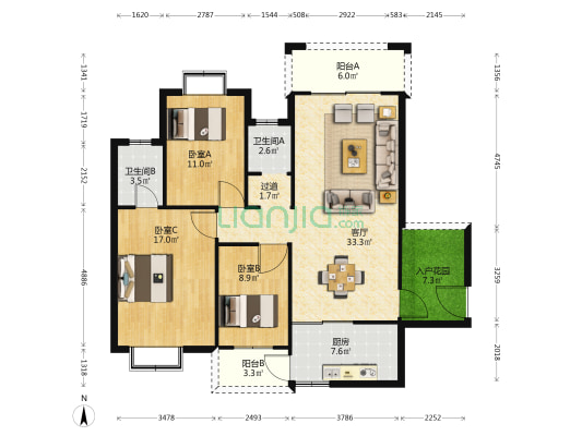 福港苑 3室1厅2卫 122平方