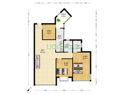 金港尚城 3室1厅2卫 91平方