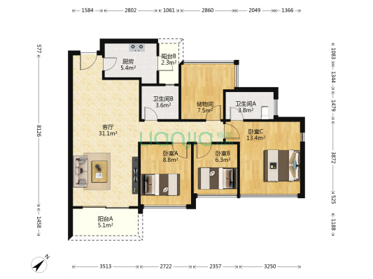 龙光玖龙台一期 3室1厅2卫 103平方