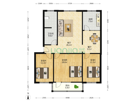 消防队宿舍 3室2厅1卫 120平方