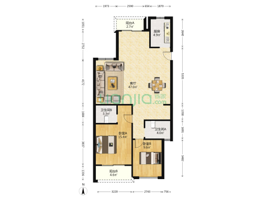 复兴大厦 2室1厅2卫 123平方