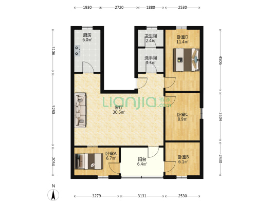 老爹岭 4室1厅2卫 89平方