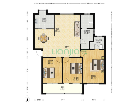 一小公寓 3室1厅2卫 138平方