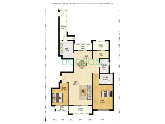 万达华府 2室2厅2卫 139平方