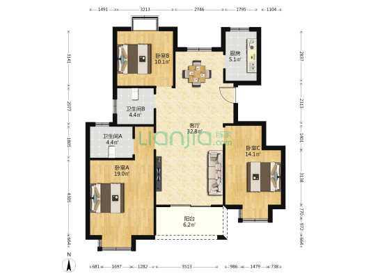 锦颂华府 3室1厅2卫 117平方