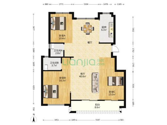 鑫康家园 3室1厅2卫 117平方