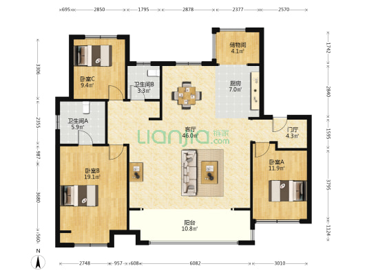 岳麓壹期 3室1厅2卫 142平方