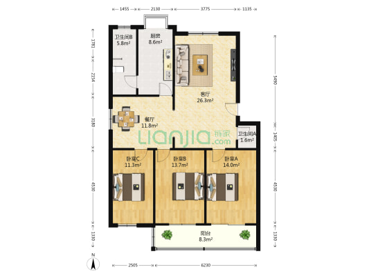 美好家园 3室2厅2卫 130平方