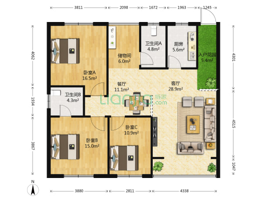 新业花园 3室2厅2卫 130平方