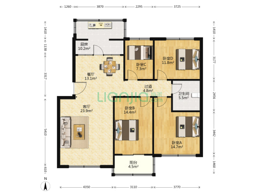 中专家属楼 4室2厅1卫 132平方