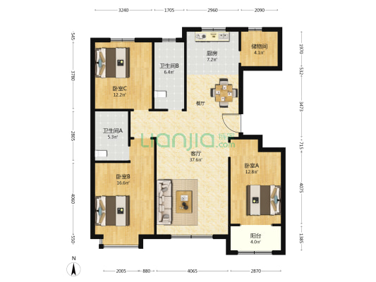 华安观澜府小区二期 3室1厅2卫 136平方