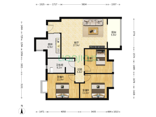 阳晨丽都 3室1厅1卫 105平方