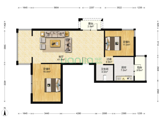 雨阳名居 2室1厅1卫 122平方