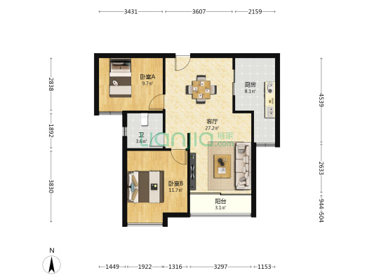 薇乐花园 2室1厅1卫 90平方