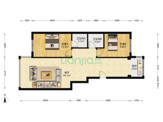 揚州城 2室1厅2卫 103平方