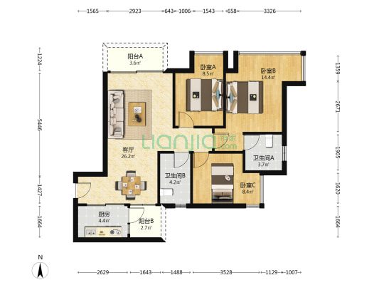 花溪中心 3室1厅2卫 93平方