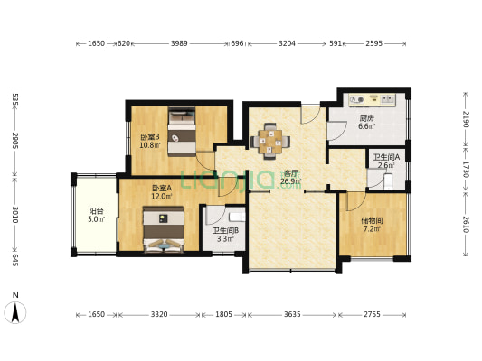 望虞花园 2室1厅2卫 94平方
