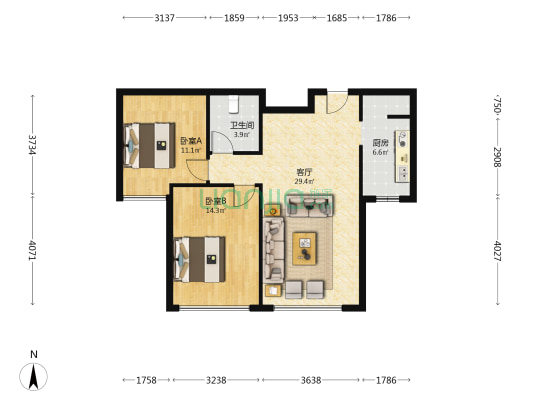 金地经典 2室1厅1卫 87平方