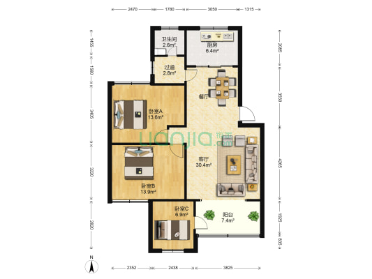 宁静小区 3室1厅1卫 88平方