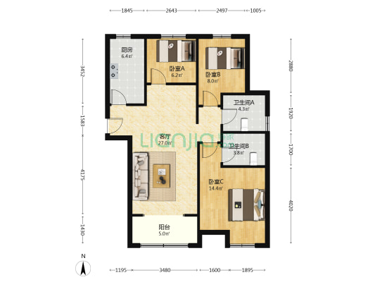 汉沛家园 3室1厅2卫 111平方