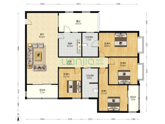 黄金水岸西区 4室1厅2卫 205平方