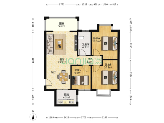 嘉园馨苑 3室1厅1卫 88平方