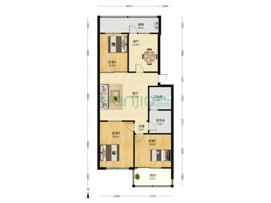 军营路社区复兴区工商局院 3室2厅2卫 121平方
