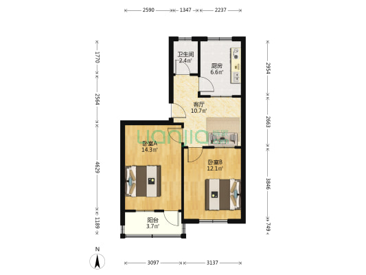 董家镇纺织机械厂宿舍 2室1厅1卫 58平方