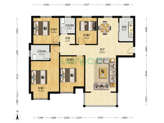 中瑞曼哈顿东区 4室1厅2卫 135平方