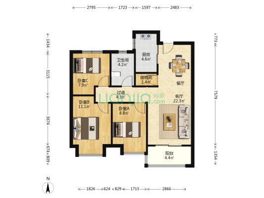 国润城东区 3室1厅1卫 92平方