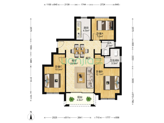 金地艺华府第 3室1厅2卫 89平方