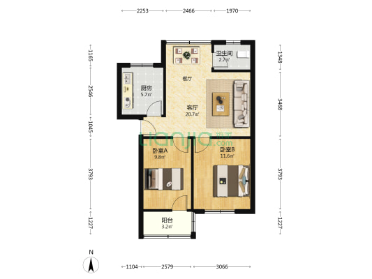 电气化二处三段家属楼 2室1厅1卫 67平方