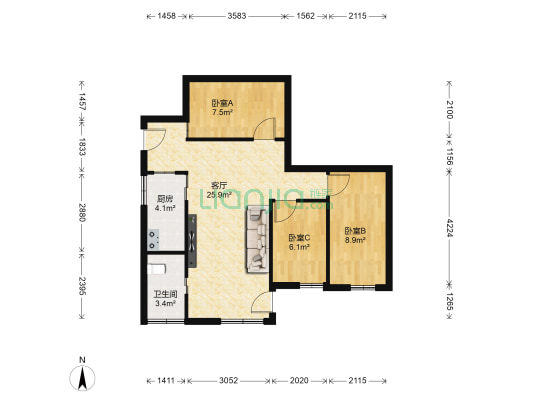 工业路 3室1厅1卫 74平方