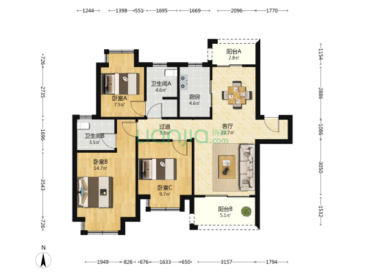 滨江上品 3室1厅2卫 103平方