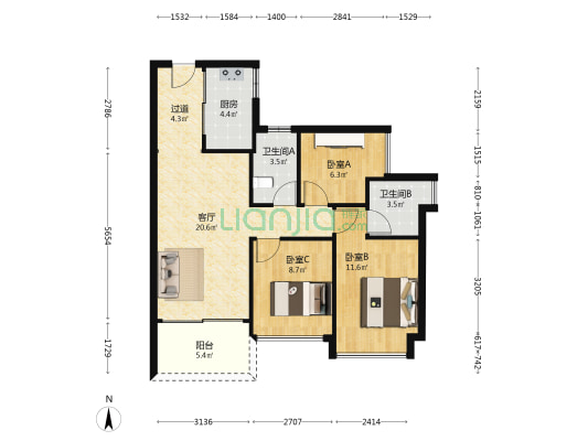 时代香树里 3室1厅2卫 86平方