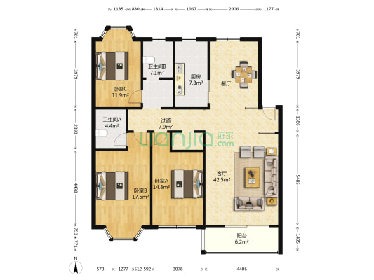 映月园 3室1厅2卫 140平方