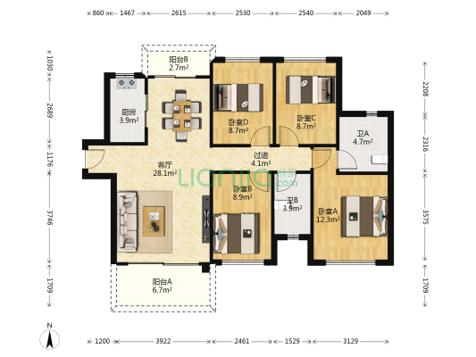 恒福水岸 4室1厅2卫 110平方