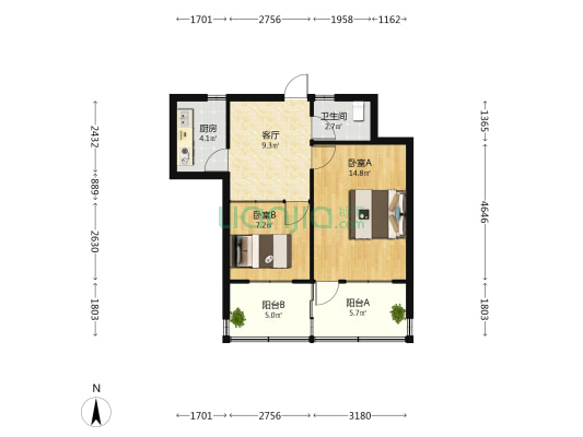 报社胡同3号院 2室1厅1卫 54平方