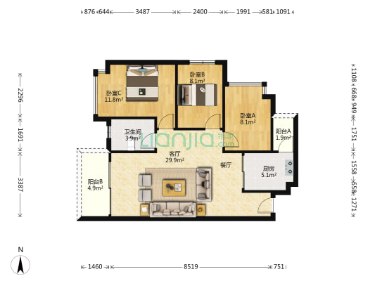 碧海云天 3室1厅1卫 95平方