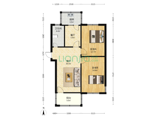 二中小区 2室2厅1卫 77平方