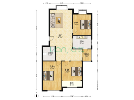 裕景天成 3室1厅1卫 113平方